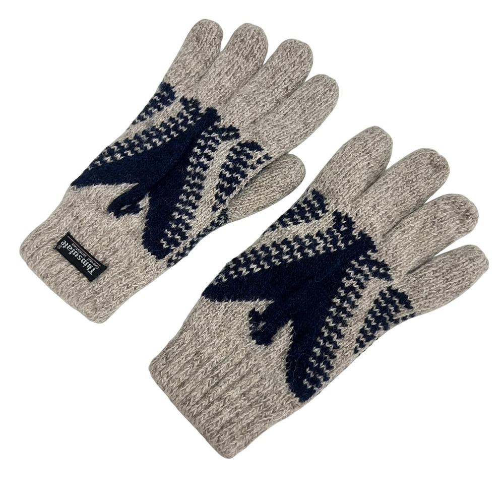 Vintage Thinsulate Wool Blend Knit Eagle Graphic Gloves Mens Oatmeal Navy Blue